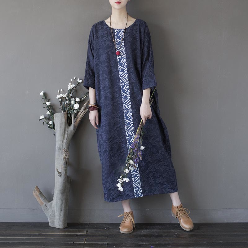 Buddha Stones Vestido midi de algodón con mangas tres cuartos y bolsillos, bordado de flores azules en jacquard. - image 1