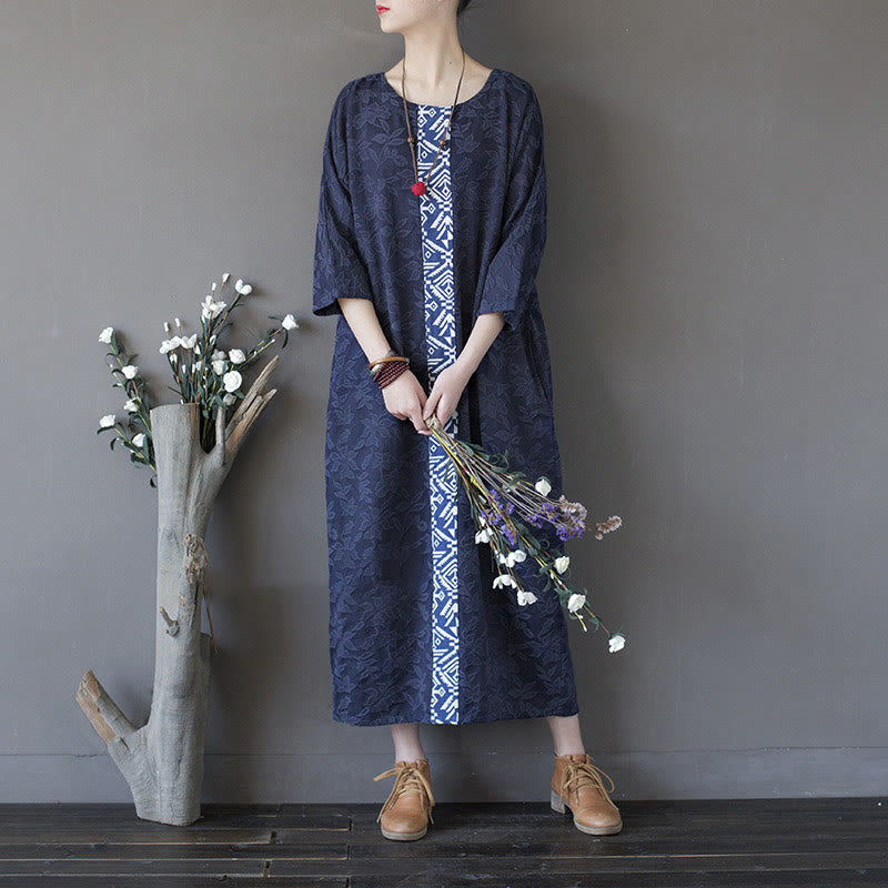 Buddha Stones Vestido midi de algodón con mangas tres cuartos y bolsillos, bordado de flores azules en jacquard. - F (Apto para US4-12; UK/AU8-16; UE 36-44) - image 0