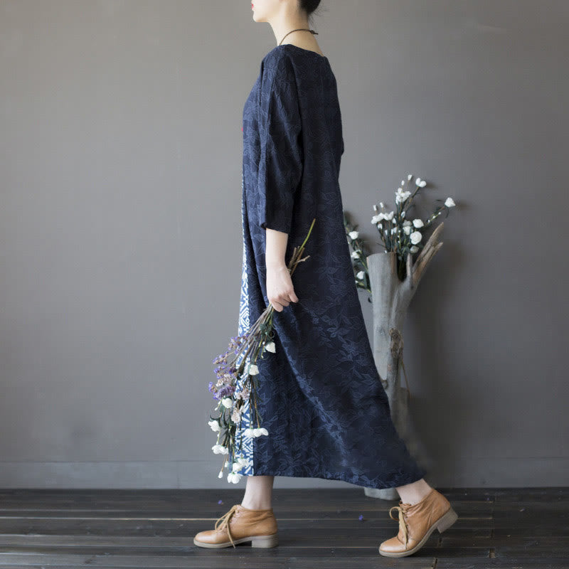 Buddha Stones Vestido midi de algodón con mangas tres cuartos y bolsillos, bordado de flores azules en jacquard. - image 2