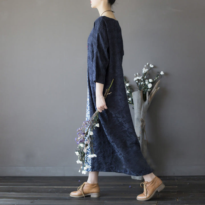 Buddha Stones Vestido midi de algodón con mangas tres cuartos y bolsillos, bordado de flores azules en jacquard. - image 2