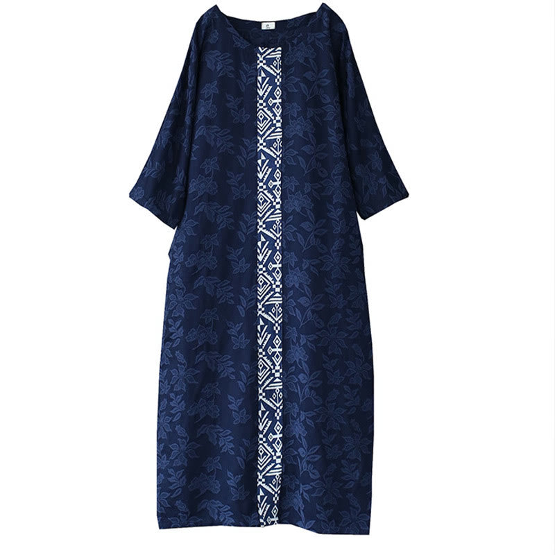 Buddha Stones Vestido midi de algodón con mangas tres cuartos y bolsillos, bordado de flores azules en jacquard. - image 19