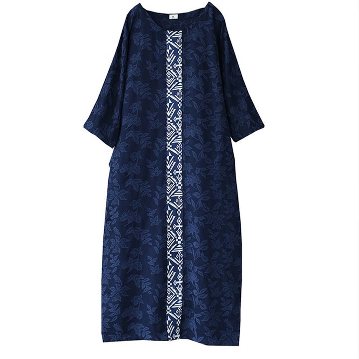 Buddha Stones Vestido midi de algodón con mangas tres cuartos y bolsillos, bordado de flores azules en jacquard. - image 19