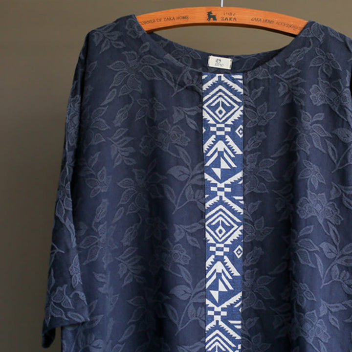 Buddha Stones Vestido midi de algodón con mangas tres cuartos y bolsillos, bordado de flores azules en jacquard. - image 5