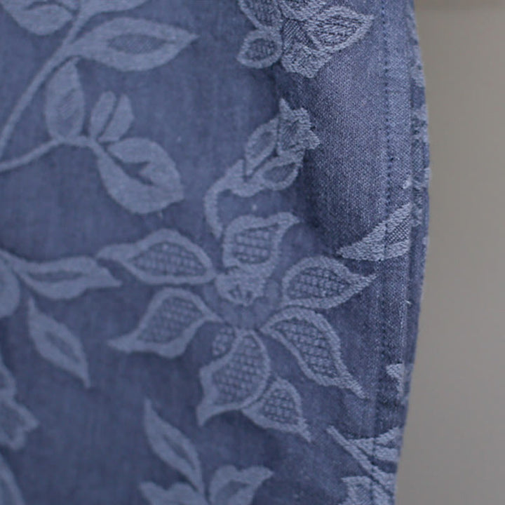 Buddha Stones Vestido midi de algodón con mangas tres cuartos y bolsillos, bordado de flores azules en jacquard. - image 8