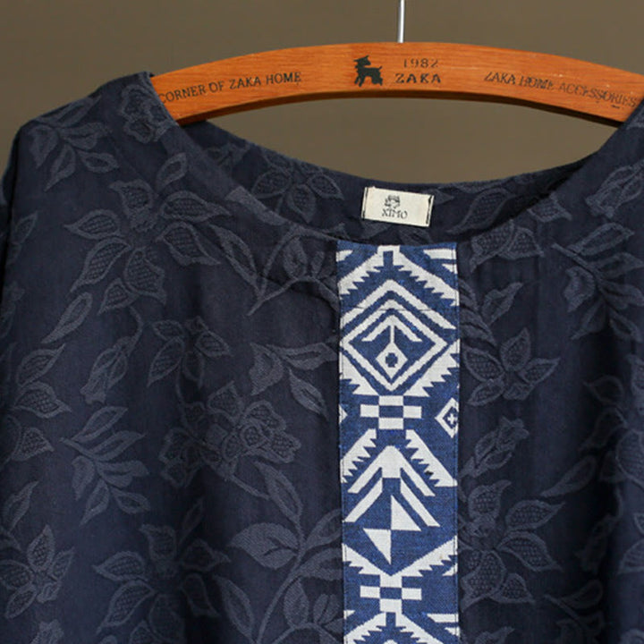 Buddha Stones Vestido midi de algodón con mangas tres cuartos y bolsillos, bordado de flores azules en jacquard. - image 6