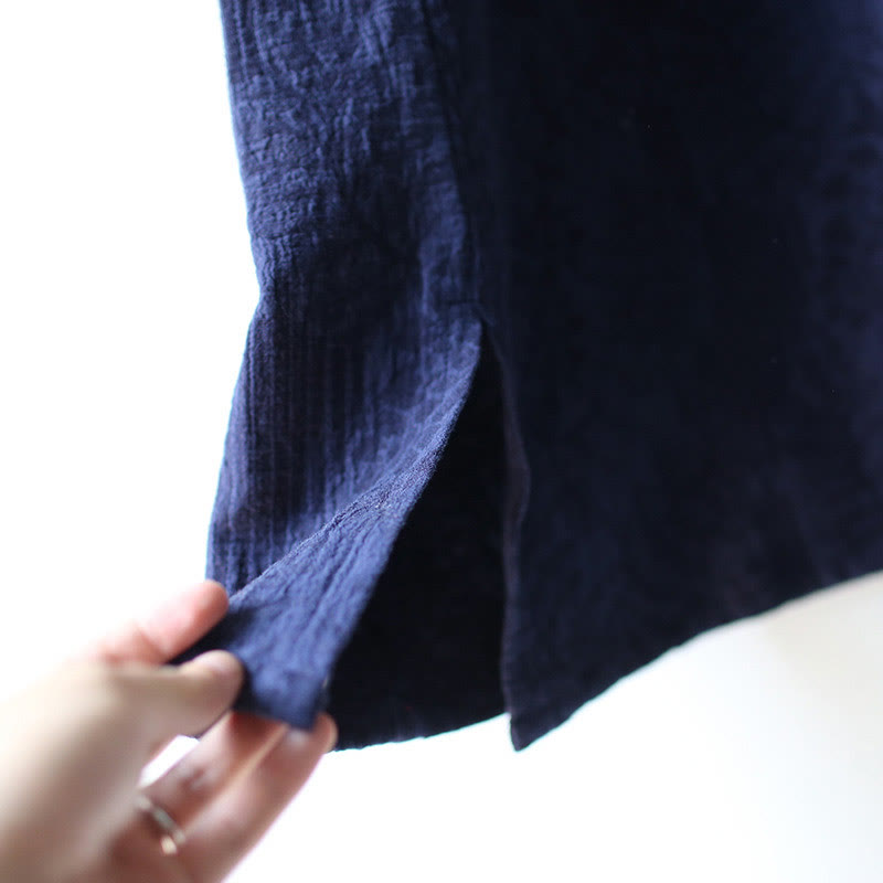 Vestido midi de lino y algodón de manga larga con estampado de flores y Buddha Stones, pantalones anchos y bolsillos