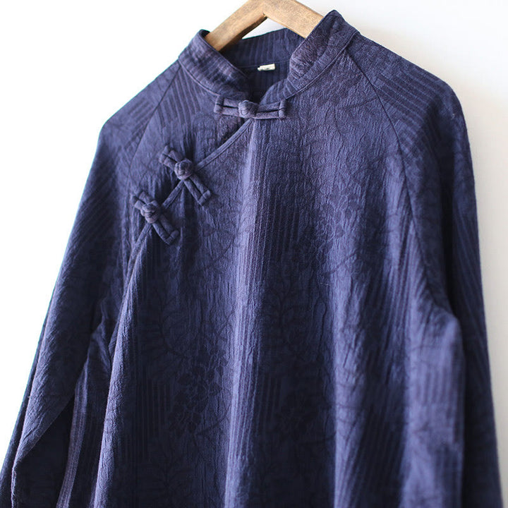 Vestido midi de lino y algodón de manga larga con estampado de flores y Buddha Stones, pantalones anchos y bolsillos