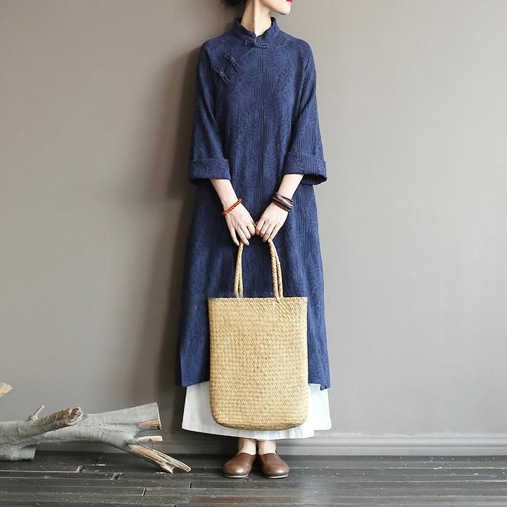 Vestido midi de lino y algodón de manga larga con estampado de flores y Buddha Stones, pantalones anchos y bolsillos