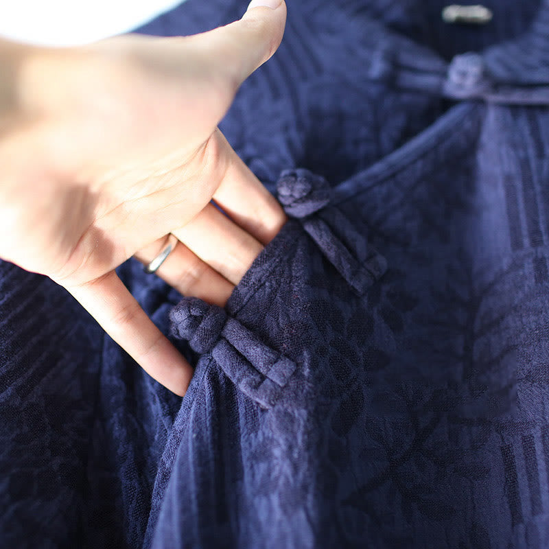 Vestido midi de lino y algodón de manga larga con estampado de flores y Buddha Stones, pantalones anchos y bolsillos