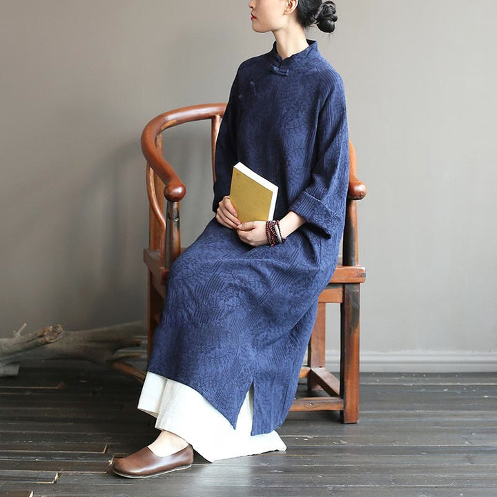 Vestido midi de lino y algodón de manga larga con estampado de flores y Buddha Stones, pantalones anchos y bolsillos