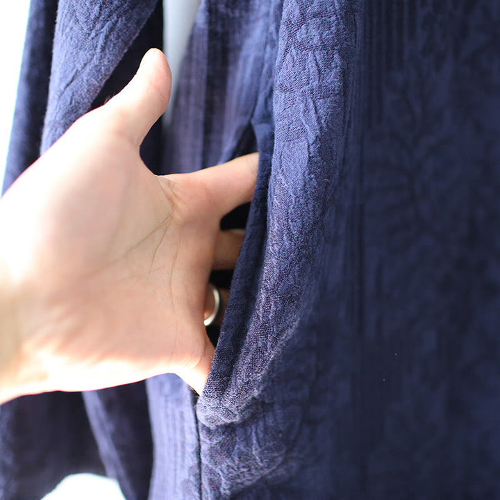 Vestido midi de lino y algodón de manga larga con estampado de flores y Buddha Stones, pantalones anchos y bolsillos