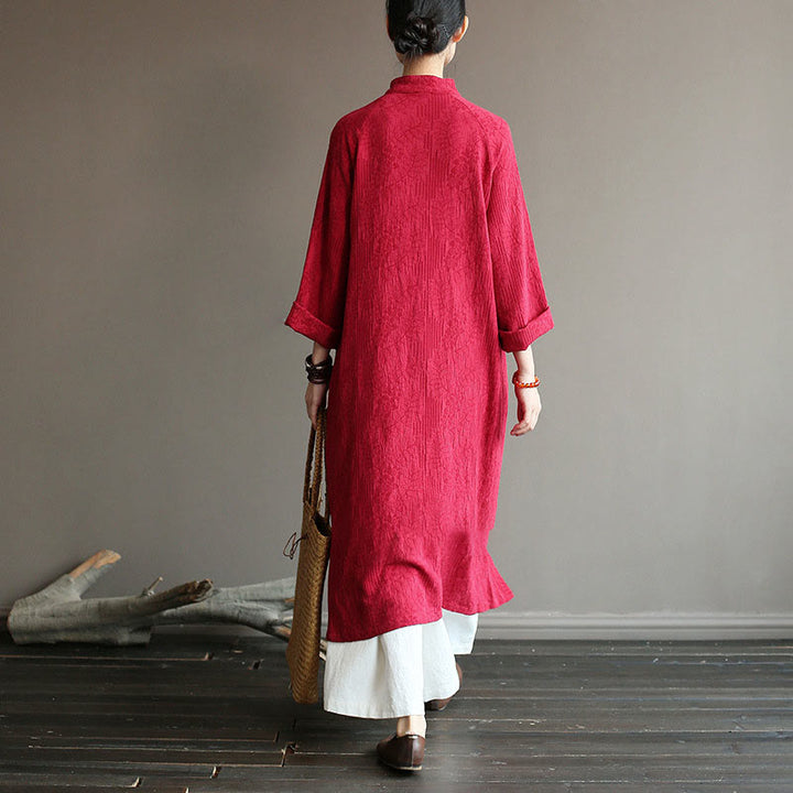 Vestido midi de lino y algodón de manga larga con estampado de flores y Buddha Stones, pantalones anchos y bolsillos