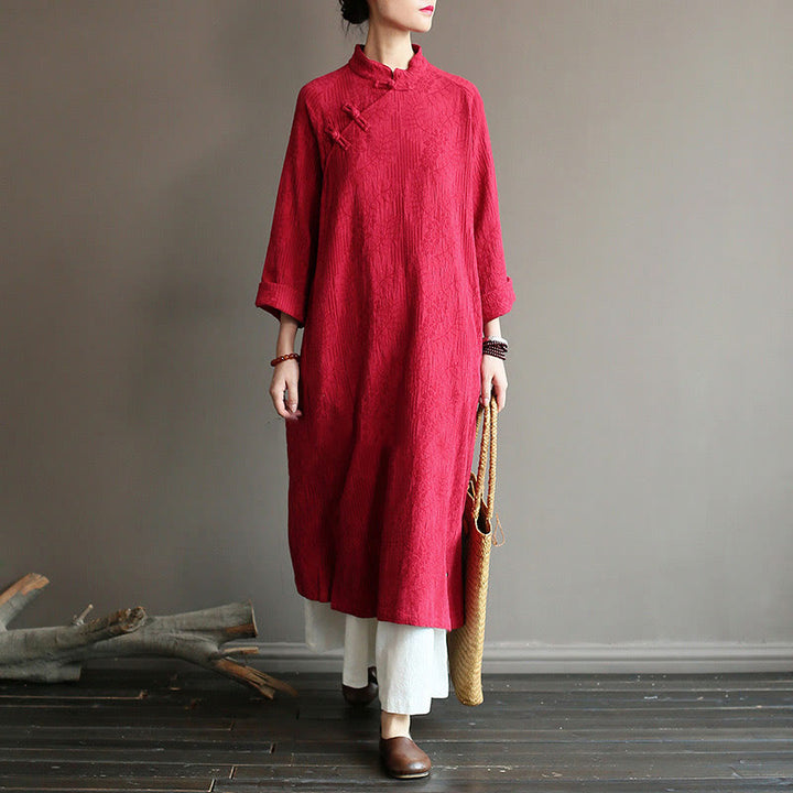 Vestido midi jacquard de jacquard con estampado de flores y Buddha Stones, manga larga, algodón y lino, pantalón de pierna ancha con bolsillos. - Vestido y pantalón rojos - US4-8/10, UK/AU8-12/14, EU36-40/42 (F) - image 17