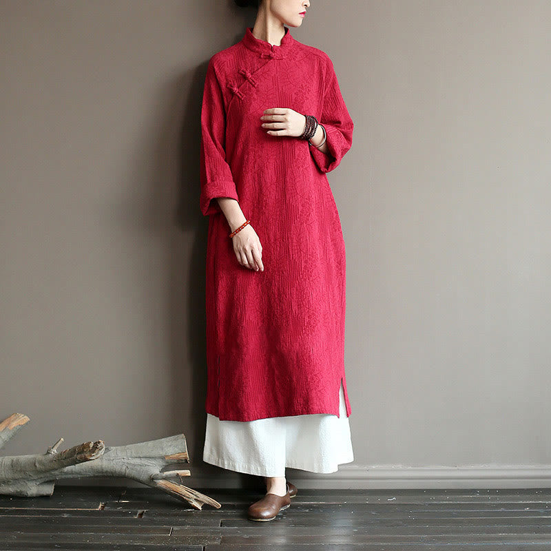 Vestido midi de lino y algodón de manga larga con estampado de flores y Buddha Stones, pantalones anchos y bolsillos