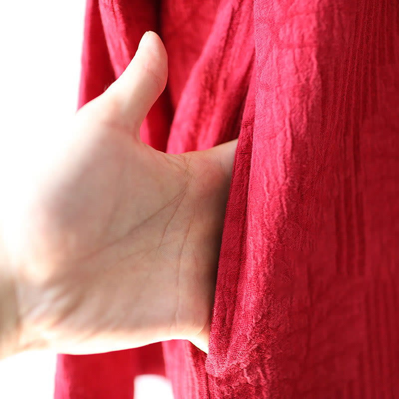 Vestido midi de lino y algodón de manga larga con estampado de flores y Buddha Stones, pantalones anchos y bolsillos