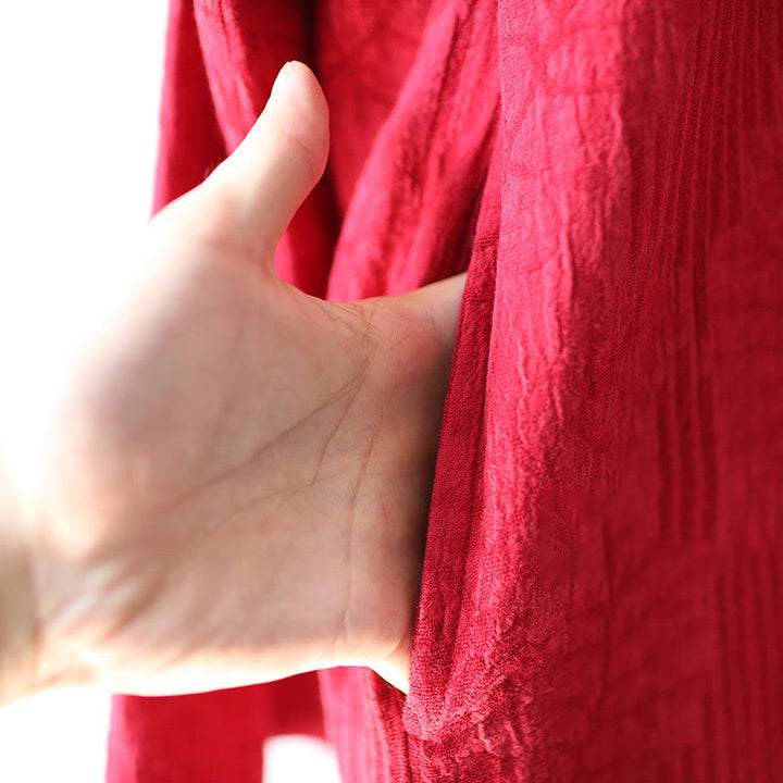 Vestido midi de lino y algodón de manga larga con estampado de flores y Buddha Stones, pantalones anchos y bolsillos