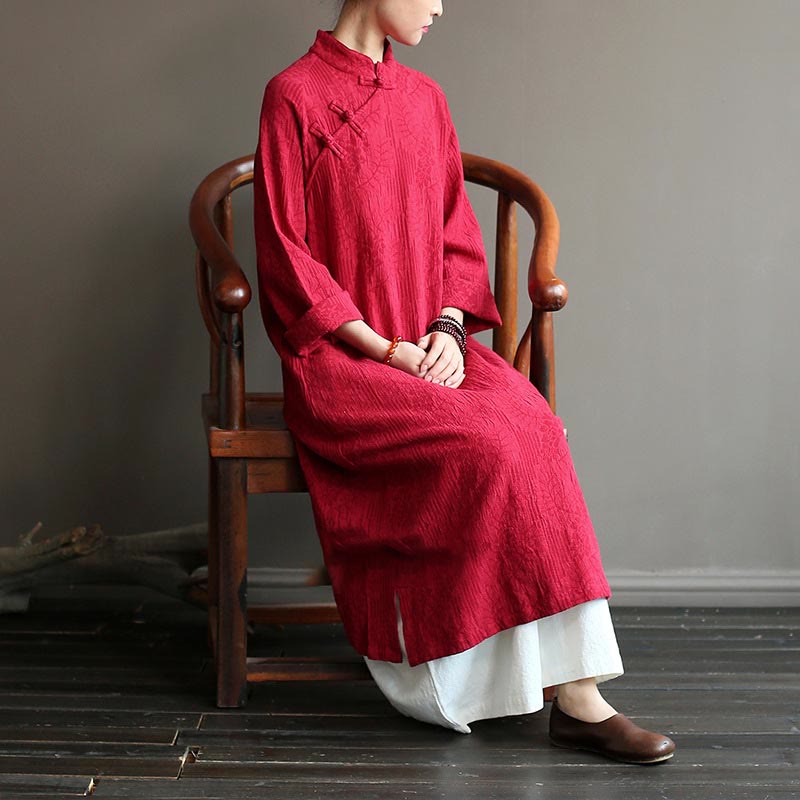 Vestido midi de lino y algodón de manga larga con estampado de flores y Buddha Stones, pantalones anchos y bolsillos