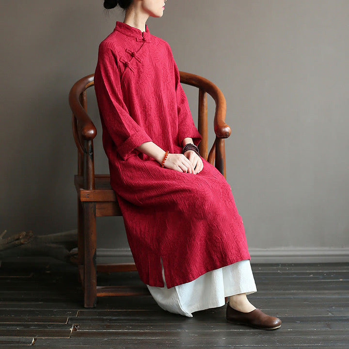 Vestido midi de lino y algodón de manga larga con estampado de flores y Buddha Stones, pantalones anchos y bolsillos