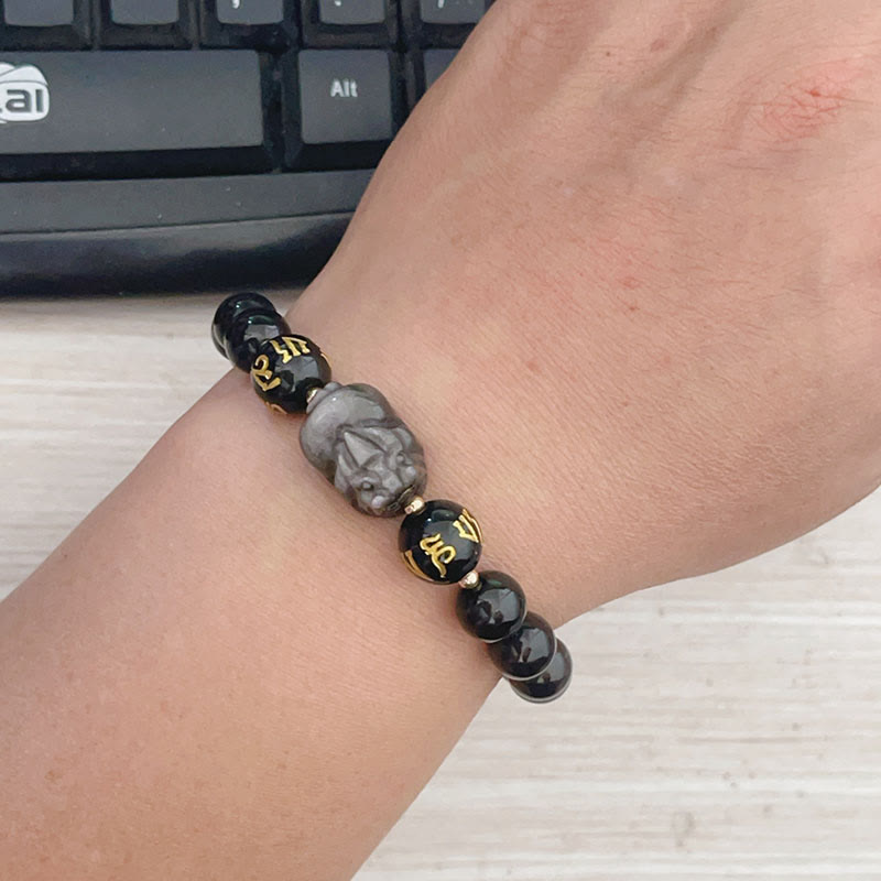 Buddha Stones Pulsera de protección Pixiu Om Mani Padme Hum con obsidiana negra y brillo plateado natural - image 6