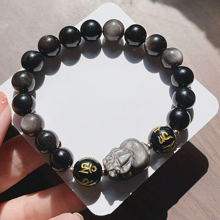Buddha Stones Pulsera de protección Pixiu Om Mani Padme Hum con obsidiana negra y brillo plateado natural - image 2