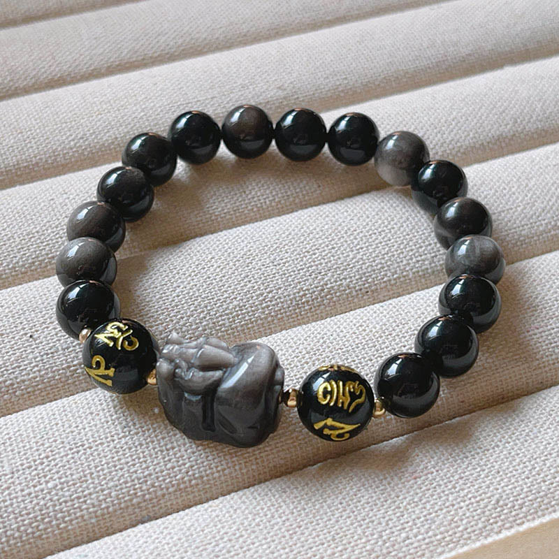 Buddha Stones Pulsera de protección Pixiu Om Mani Padme Hum con obsidiana negra y brillo plateado natural - image 5