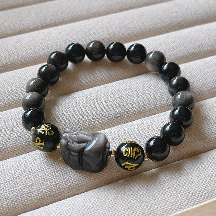 Buddha Stones Pulsera de protección Pixiu Om Mani Padme Hum con obsidiana negra y brillo plateado natural - image 5