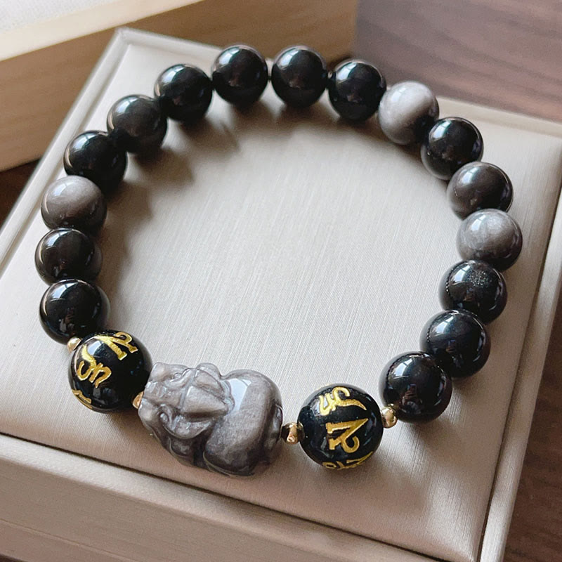 Buddha Stones Pulsera de protección Pixiu Om Mani Padme Hum con obsidiana negra y brillo plateado natural - Pixiu de obsidiana con brillo plateado (circunferencia de muñeca: 14-16 cm) - image 0