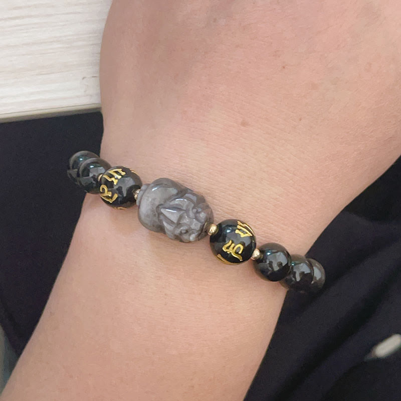 Buddha Stones Pulsera de protección Pixiu Om Mani Padme Hum con obsidiana negra y brillo plateado natural - image 3