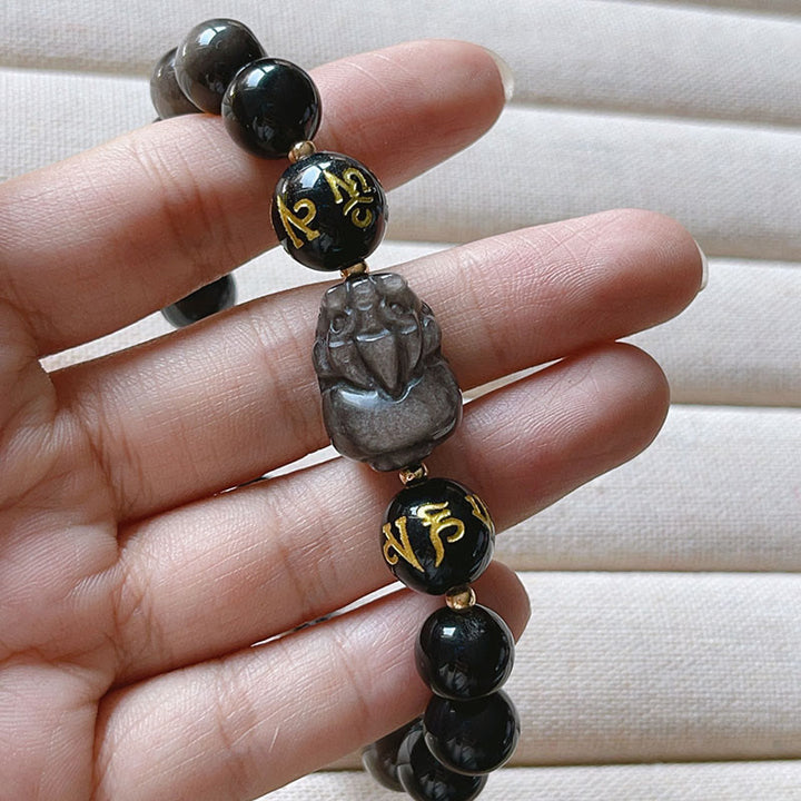 Buddha Stones Pulsera de protección Pixiu Om Mani Padme Hum con obsidiana negra y brillo plateado natural - image 4