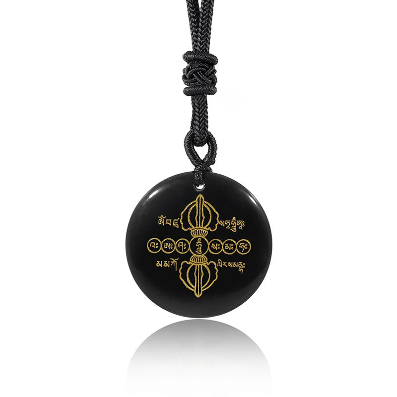 Buddha Stones Colgante de collar con obsidiana negra de cristal natural con patrón sánscrito Vajra Dorje - image 4