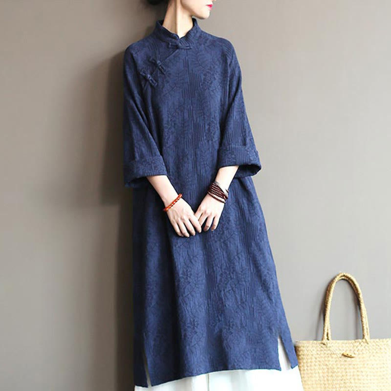 Vestido midi de lino y algodón de manga larga con estampado de flores y Buddha Stones, pantalones anchos y bolsillos