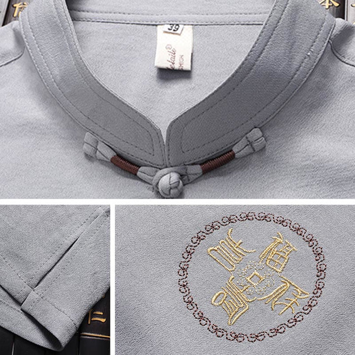 Buddha Stones Traje Tang con personaje Fu, uniforme tradicional Hanfu, camiseta de manga corta, pantalones, conjunto para hombre - image 8