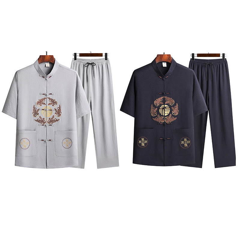 Buddha Stones Traje Tang con personaje Fu, uniforme tradicional Hanfu, camiseta de manga corta, pantalones, conjunto para hombre - image 30