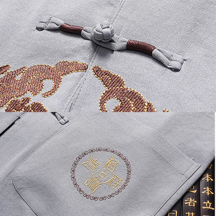 Buddha Stones Traje Tang con personaje Fu, uniforme tradicional Hanfu, camiseta de manga corta, pantalones, conjunto para hombre - image 12