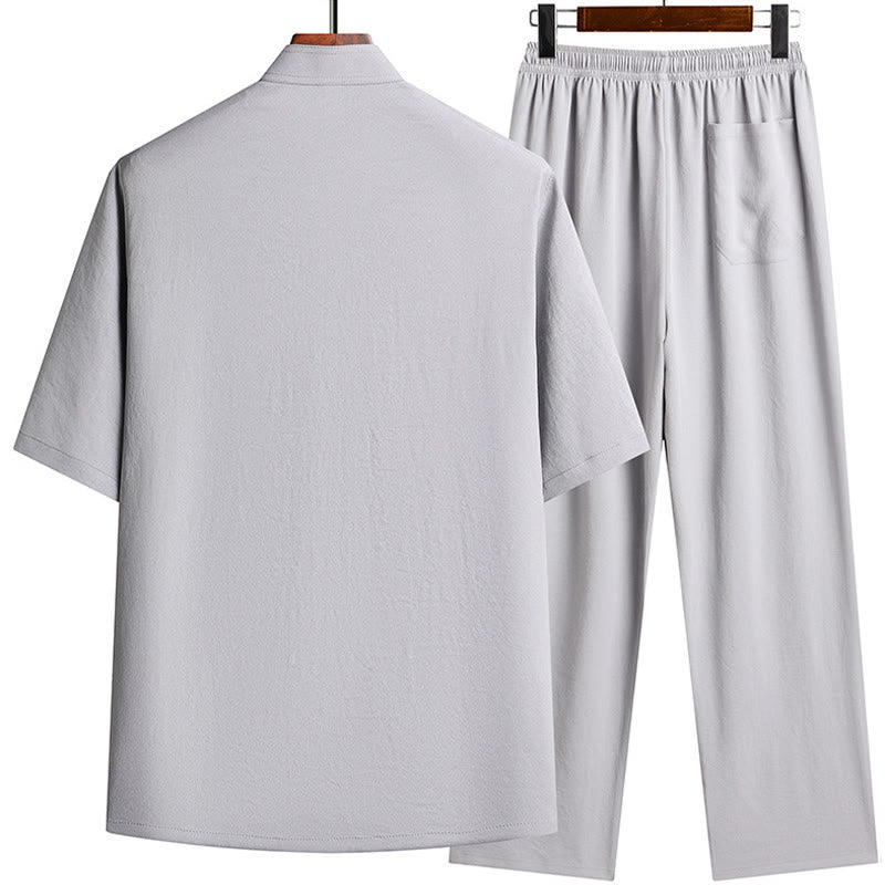 Buddha Stones Traje Tang con personaje Fu, uniforme tradicional Hanfu, camiseta de manga corta, pantalones, conjunto para hombre - image 5