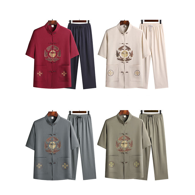 Buddha Stones Traje Tang con personaje Fu, uniforme tradicional Hanfu, camiseta de manga corta, pantalones, conjunto para hombre - image 1