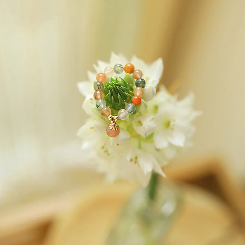 Buddha Stones Anillo de cobre bañado en oro de 14 k con cristales Fu Lu Shou y piedra lunar melocotón. - image 8