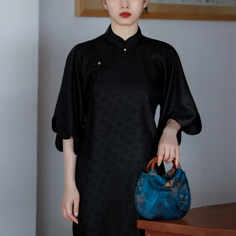 Buddha Stones Bolso de mano con asa de madera azul y flores de jacquard hecho a mano - image 14