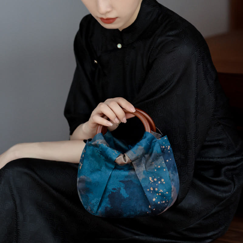 Buddha Stones Bolso de mano con asa de madera azul y flores de jacquard hecho a mano - image 10