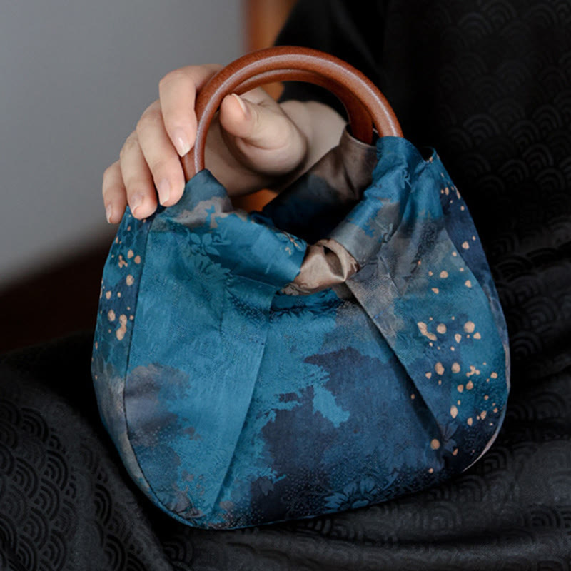 Buddha Stones Bolso de mano con asa de madera azul y flores de jacquard hecho a mano - image 11