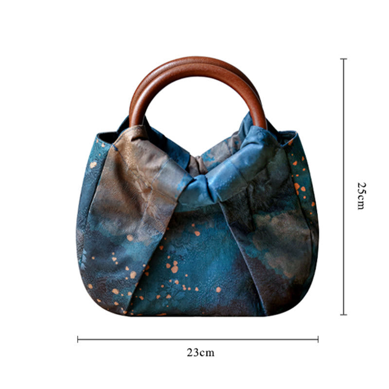 Buddha Stones Bolso de mano con asa de madera azul y flores de jacquard hecho a mano - image 8