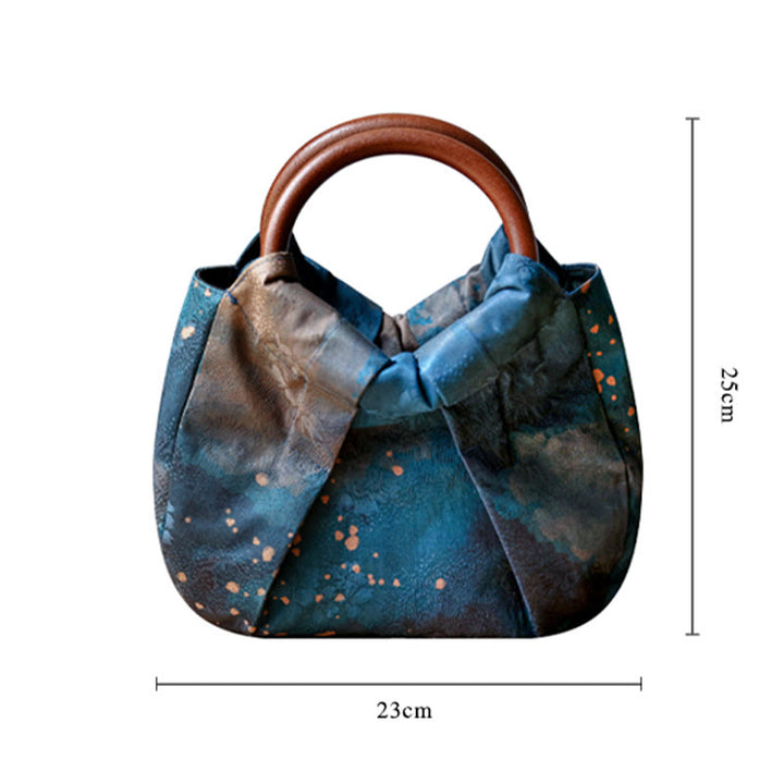 Buddha Stones Bolso de mano con asa de madera azul y flores de jacquard hecho a mano - image 8