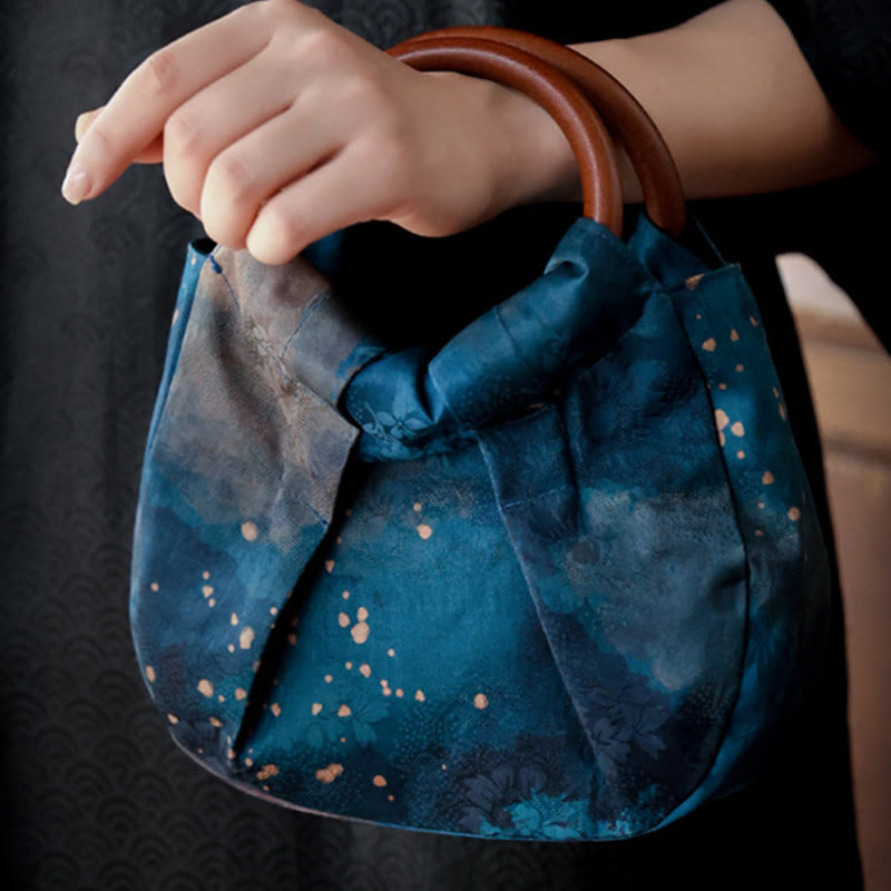 Buddha Stones Bolso de mano con asa de madera azul y flores de jacquard hecho a mano - image 9