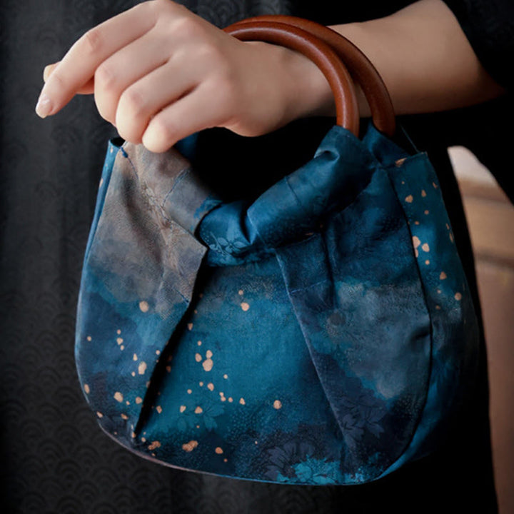 Buddha Stones Bolso de mano con asa de madera azul y flores de jacquard hecho a mano - image 9