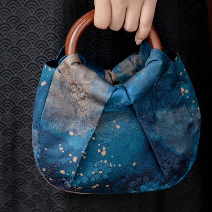 Buddha Stones Bolso de mano con asa de madera azul y flores de jacquard hecho a mano - image 2