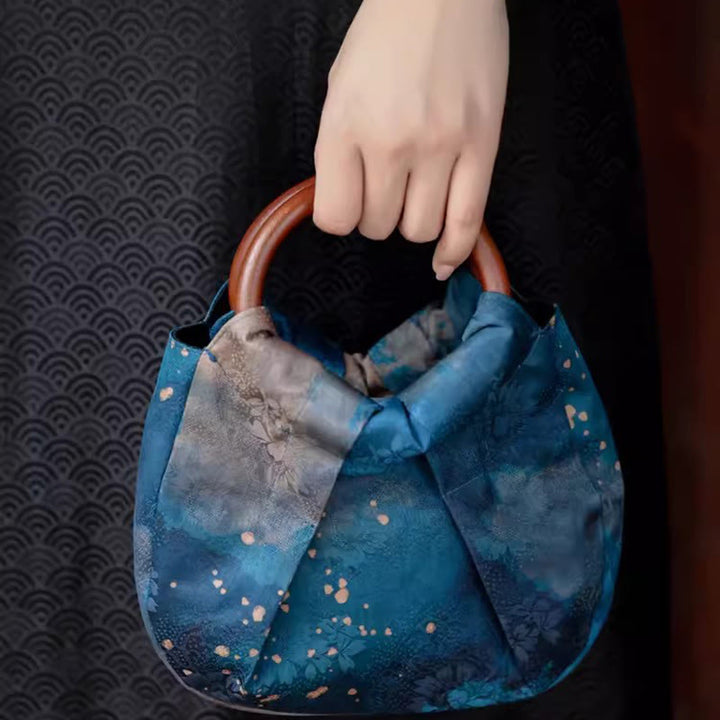 Buddha Stones Bolso de mano con asa de madera azul y flores de jacquard hecho a mano - image 12