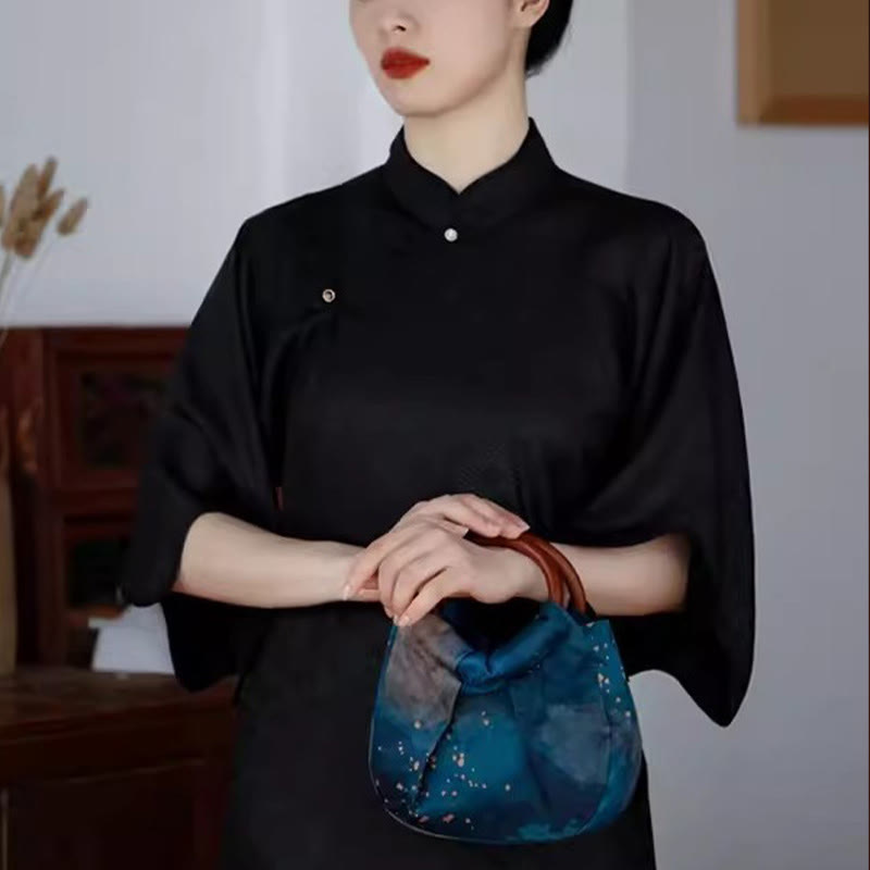 Buddha Stones Bolso de mano con asa de madera azul y flores de jacquard hecho a mano - image 13