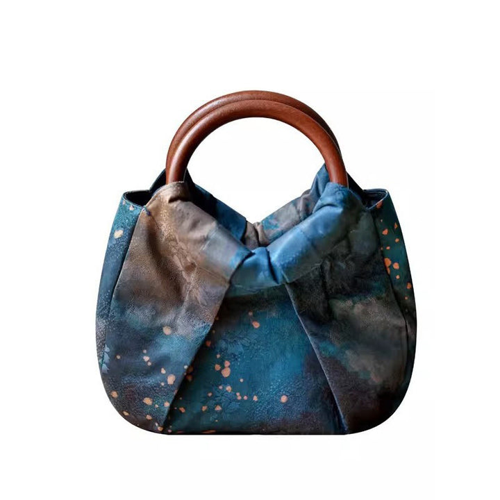 Buddha Stones Bolso de mano con asa de madera azul y flores de jacquard hecho a mano - image 15