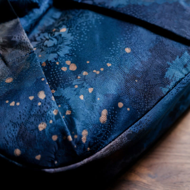 Buddha Stones Bolso de mano con asa de madera azul y flores de jacquard hecho a mano - image 5