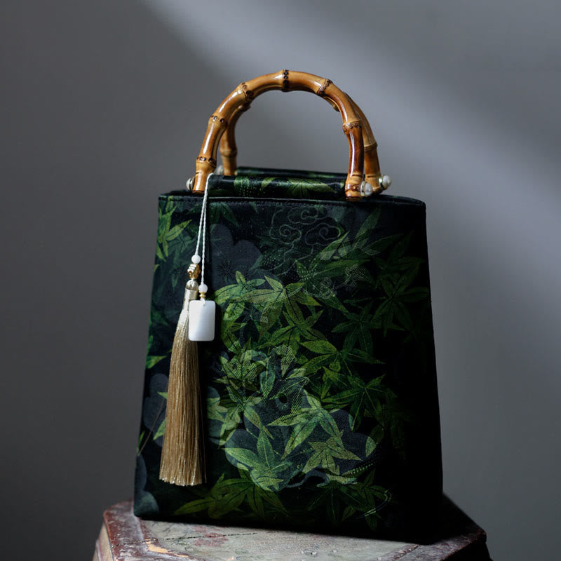 Buddha Stones Bolso con asas de bambú, hojas de bambú, mariposas, peces koi - Hojas de bambú del bosque 23*25*8,5 cm - image 0